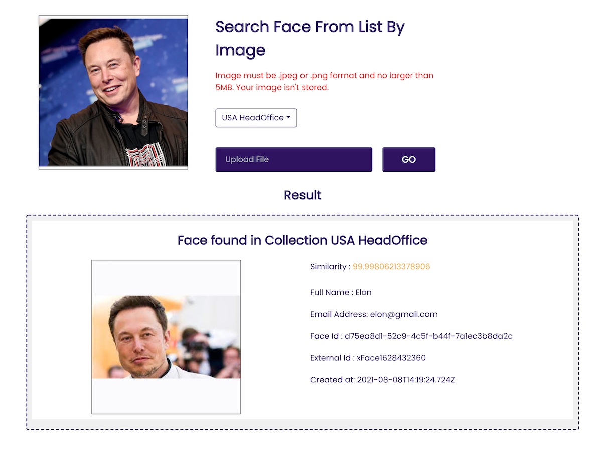 Face search verification provides fast and accurate face search, allowing you to identify a person in a photo using your private repository of face images.